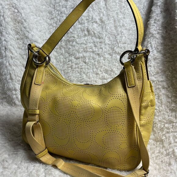 COACH Signature Stripe Convertible Hobo Bag yelow Perforated Leather F23241 - Picture 3 of 15